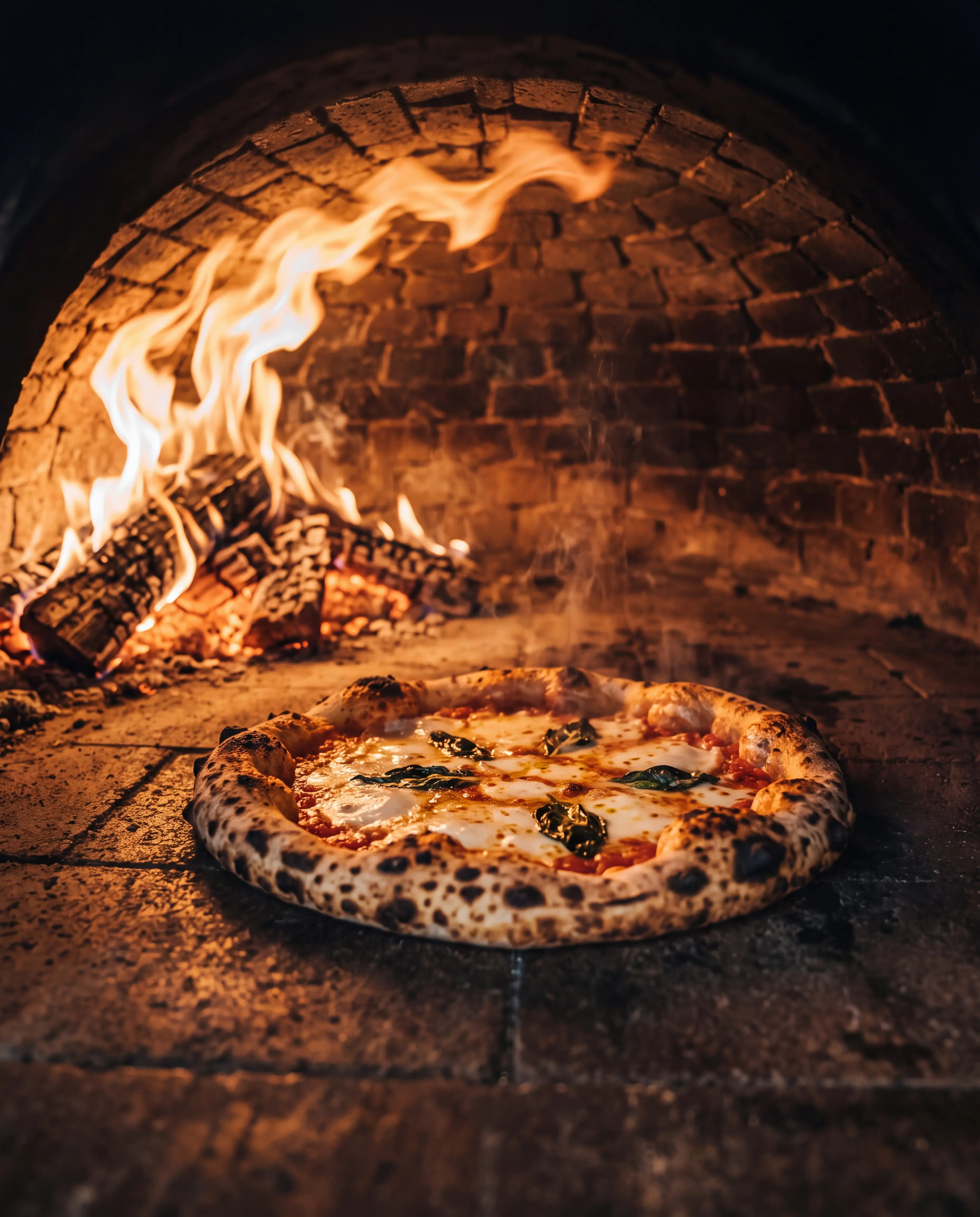A Neapolitan pizza blistering over live flame inside a glowing wood-fired oven