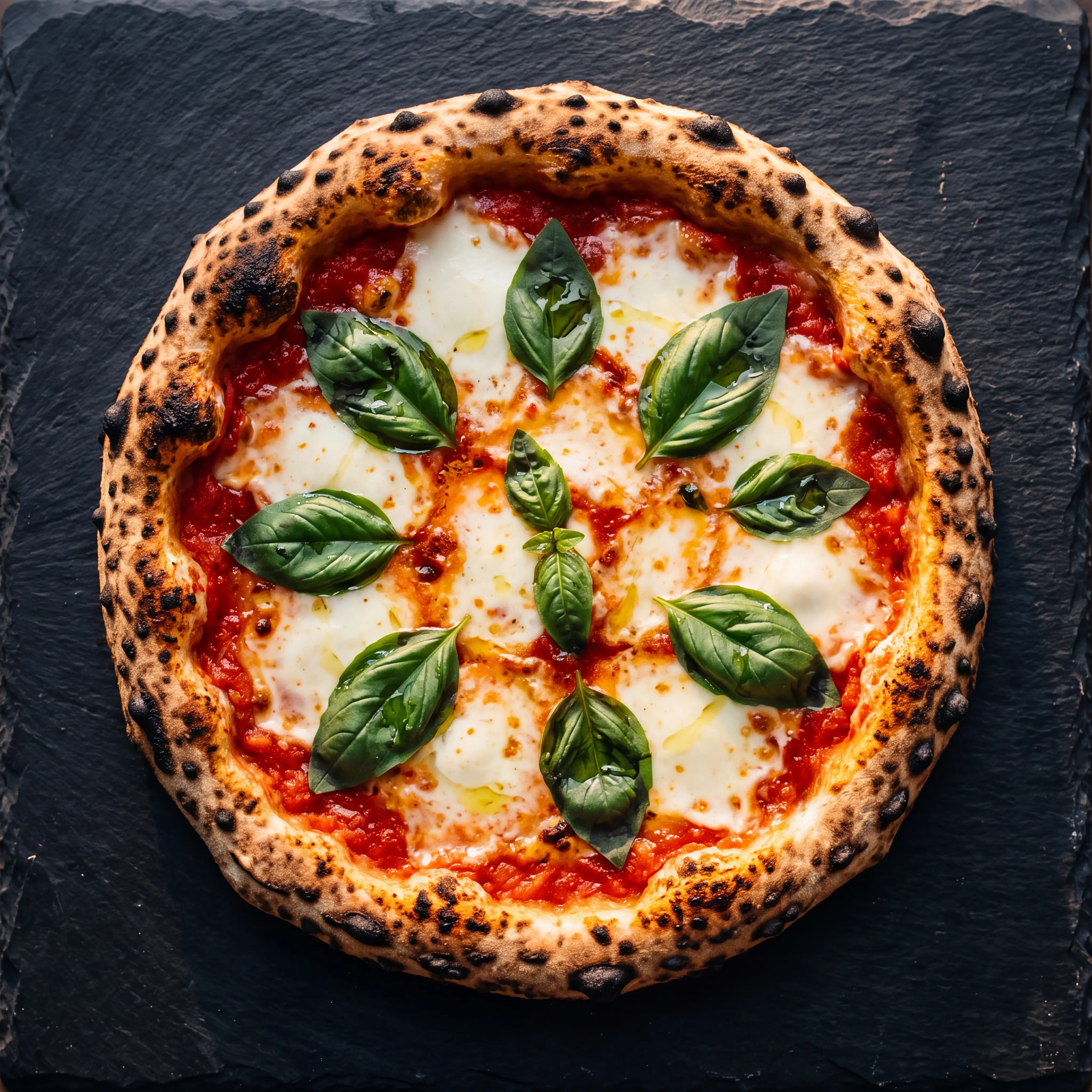A whole Margherita pizza with fresh basil and molten mozzarella, seen from above