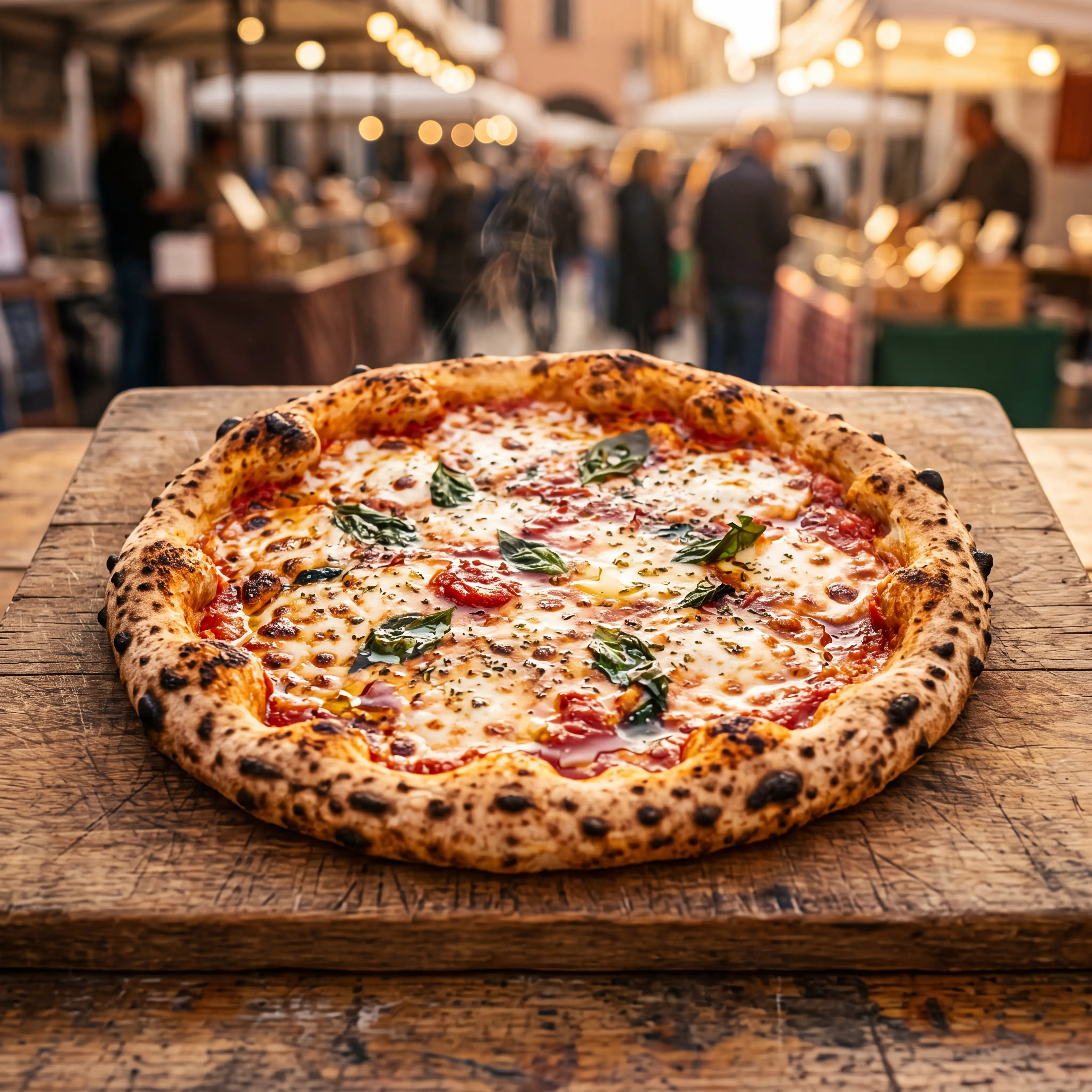 A whole wood-fired pizza with a blistered leopard crust on a rustic board