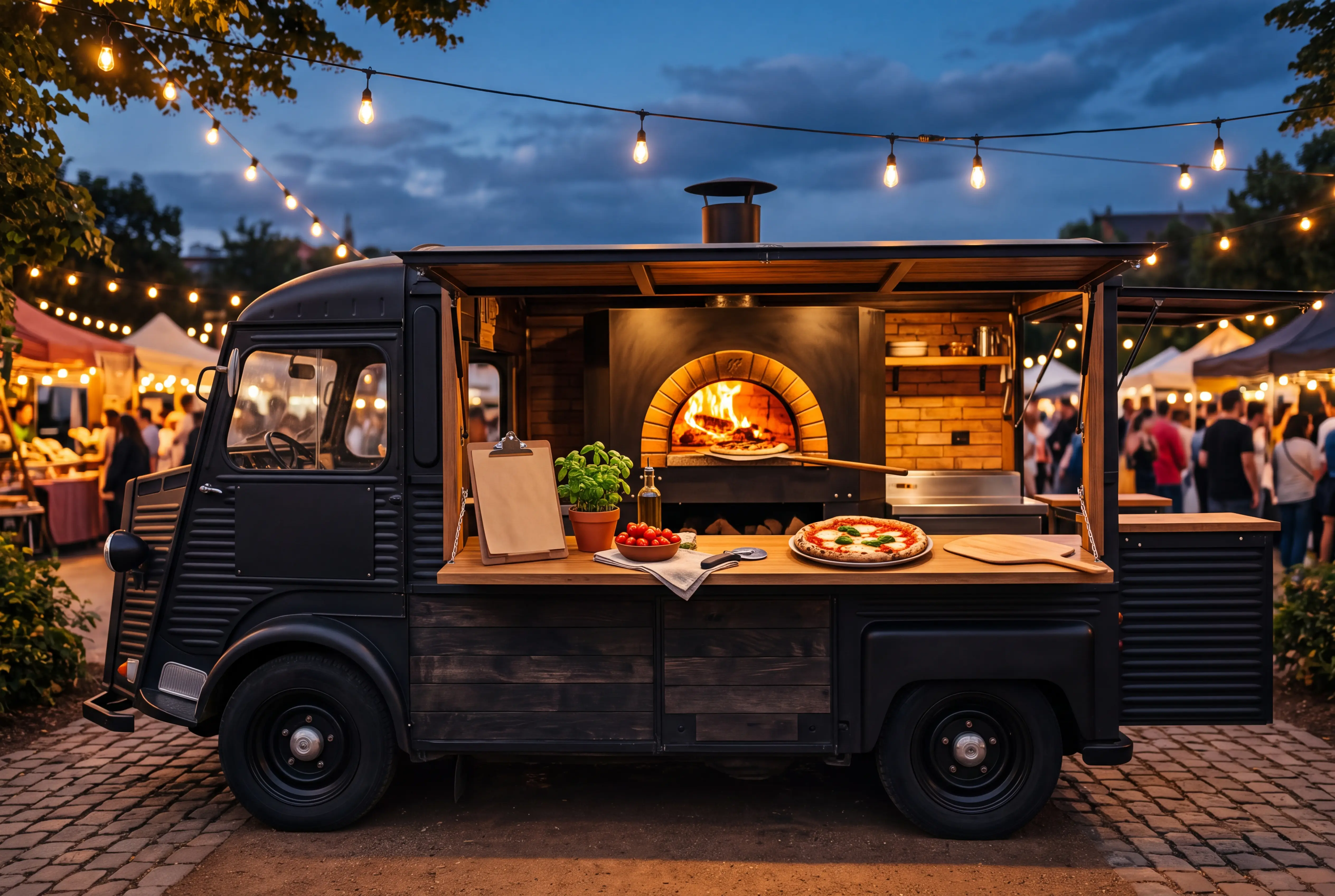 A wood-fired pizza food truck with a glowing oven parked at an evening market
